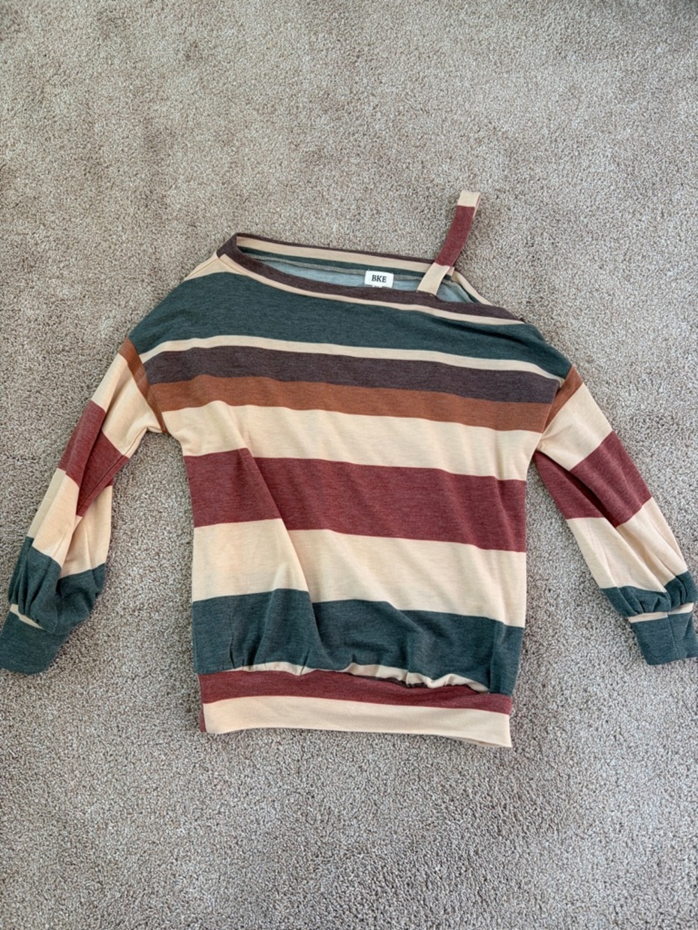 BUCKLE Striped One-Shoulder Knit Top in Forest Green, Rust & Cream